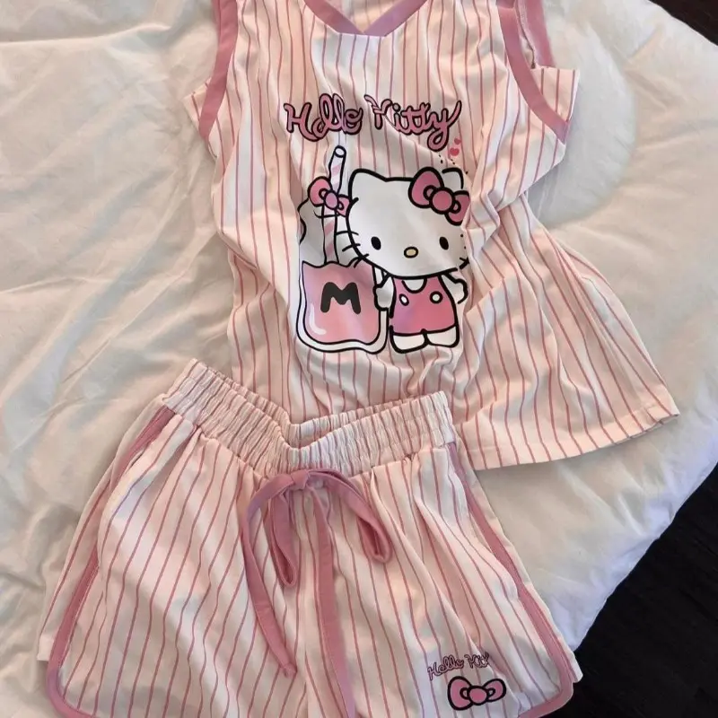 Pink Kawaii Hello Kitty Sleeveless Pajama Set for Women's Summer Cartoon Anime Printed Vest Shorts Fashion Striped Home Wear