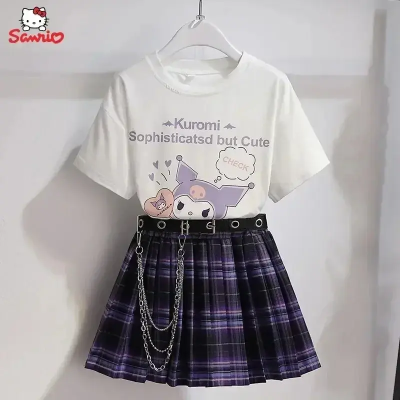 Kawaii Kuromi Short Sleeves Skirt Suit Sanrio Anime Child Preppy Style T-shirt Pleated Skirt Student Fashion Trend JK Uniform Tw