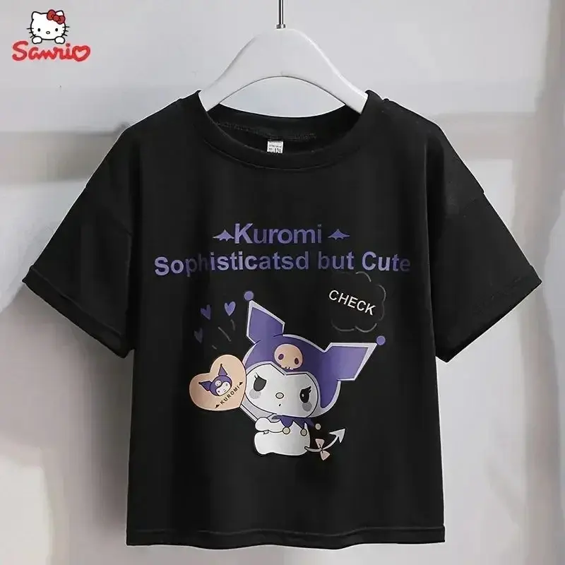 Kawaii Kuromi Short Sleeves Skirt Suit Sanrio Anime Child Preppy Style T-shirt Pleated Skirt Student Fashion Trend JK Uniform Tw
