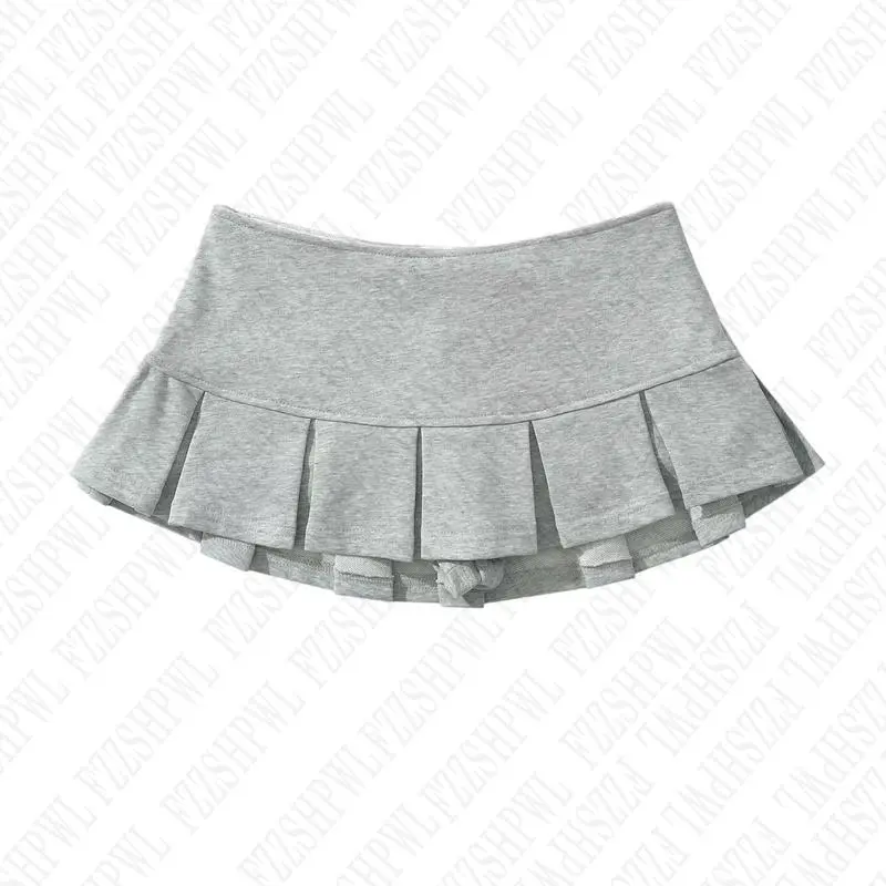 College Style Minimalist New Women's Terry fabric Low waist Y2K Mini Skirt Wide pleat Decoration Light grey Flounce A Line Skort