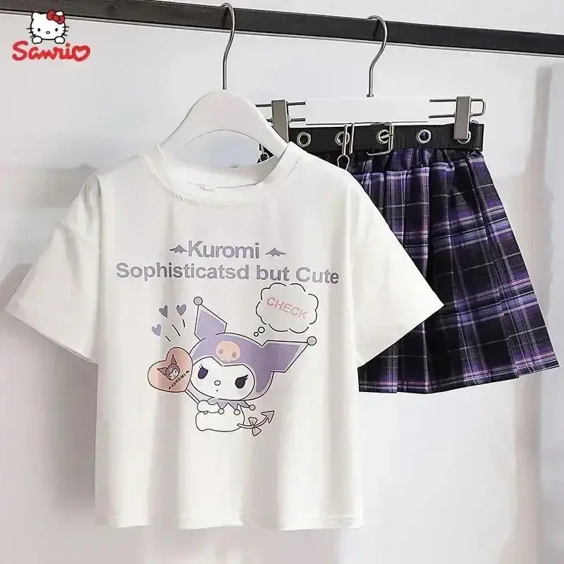 Kawaii Kuromi Short Sleeves Skirt Suit Sanrio Anime Child Preppy Style T-shirt Pleated Skirt Student Fashion Trend JK Uniform Tw