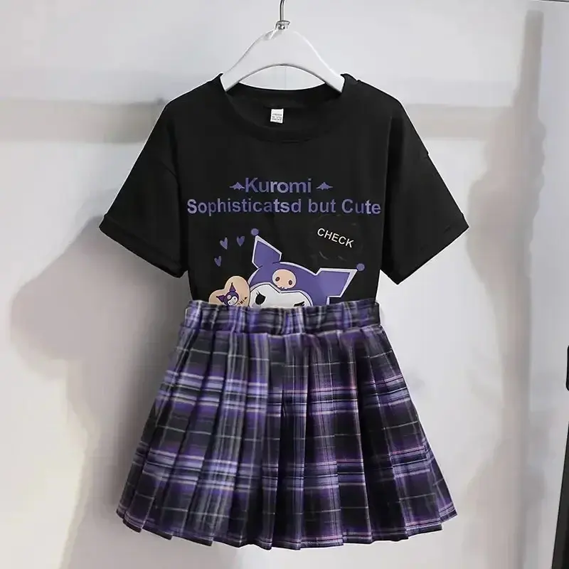 Kawaii Kuromi Short Sleeves Skirt Suit Sanrio Anime Child Preppy Style T-shirt Pleated Skirt Student Fashion Trend JK Uniform Tw