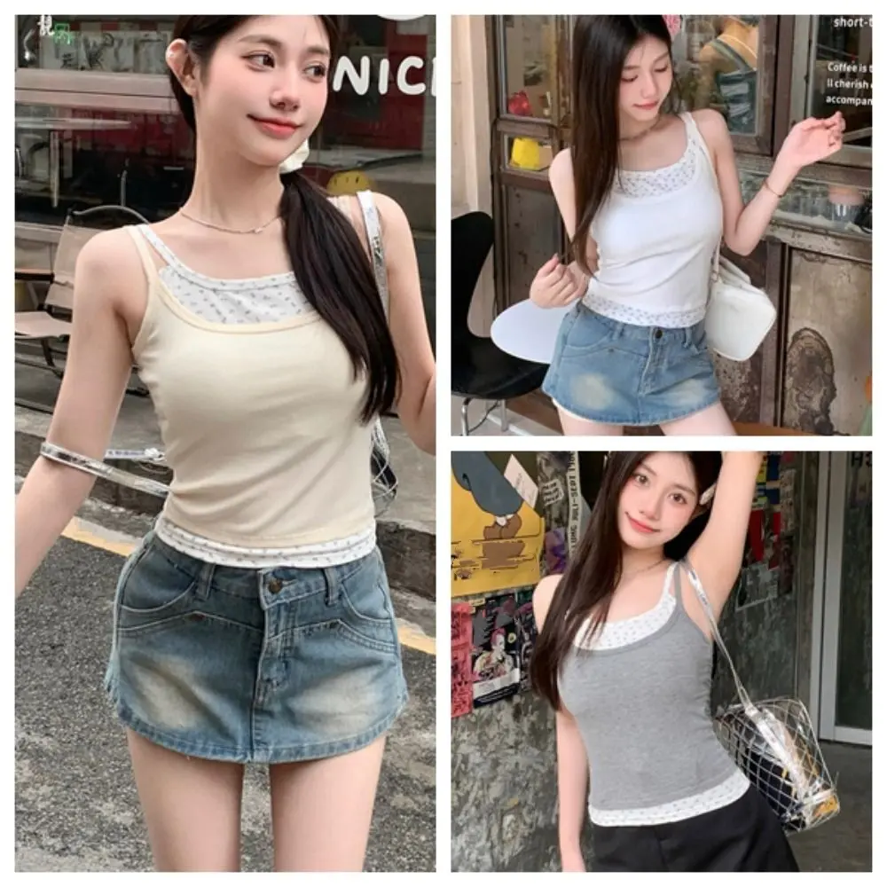 Ins with Chest Pads Slim Y2k Crop Top Spicy Girl Summer Sleeveless Camisole Women Sweet Undershirts Fake Two Pieces Top Girl