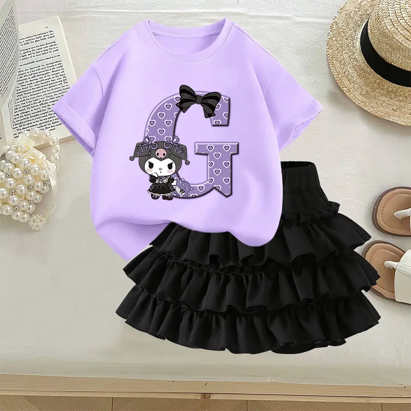 Kuromi Girl Kawaii T-shirt+pleated Skirt Sanrio Cartoon Anime Figures Short Sleeve Pile Skirt Sweet Fashion Dress Princess Dress