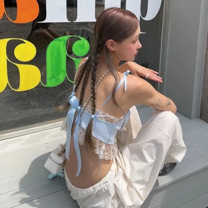 Summer bow tie lace stitching niche short style slim fit slimming spicy girl tank top Y2K Harajuku street style women's top