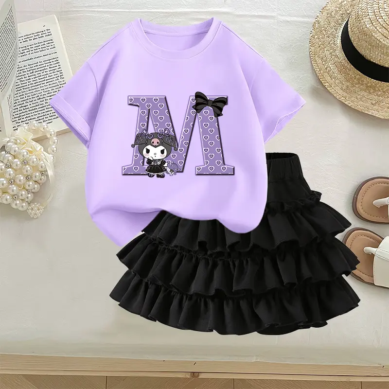 Kuromi Girl Kawaii T-shirt+pleated Skirt Sanrio Cartoon Anime Figures Short Sleeve Pile Skirt Sweet Fashion Dress Princess Dress