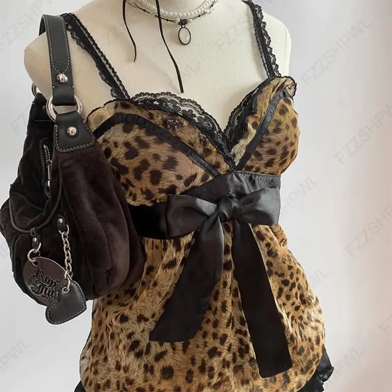 Y2K Harajuku Aesthetic Women's Leopard Camisole Top Sexy Slim Chic Solid Color Mini Skirts Grunge Punk Hip Hop Hottie Streetwear