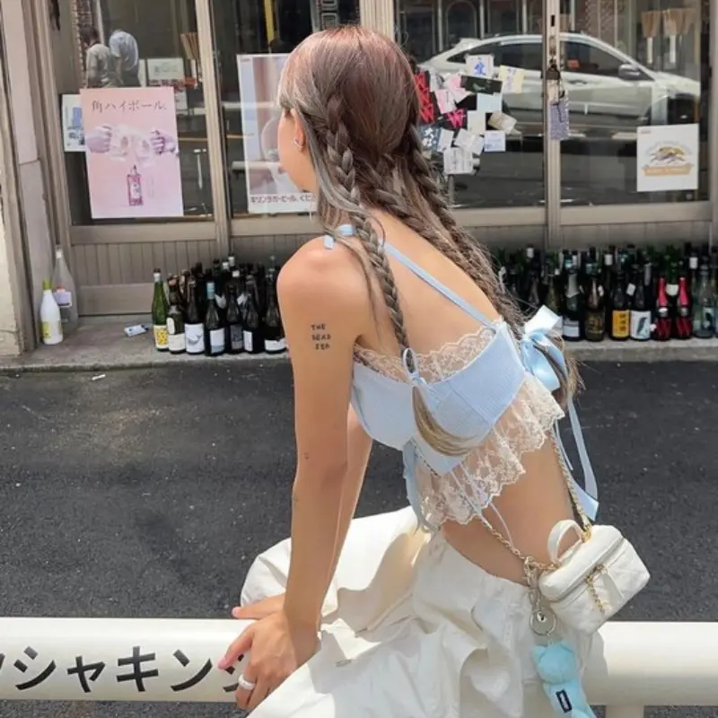 Summer bow tie lace stitching niche short style slim fit slimming spicy girl tank top Y2K Harajuku street style women's top