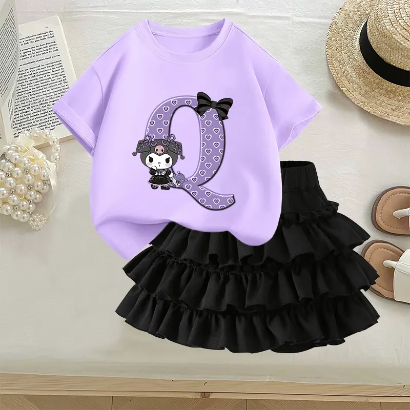 Kuromi Girl Kawaii T-shirt+pleated Skirt Sanrio Cartoon Anime Figures Short Sleeve Pile Skirt Sweet Fashion Dress Princess Dress