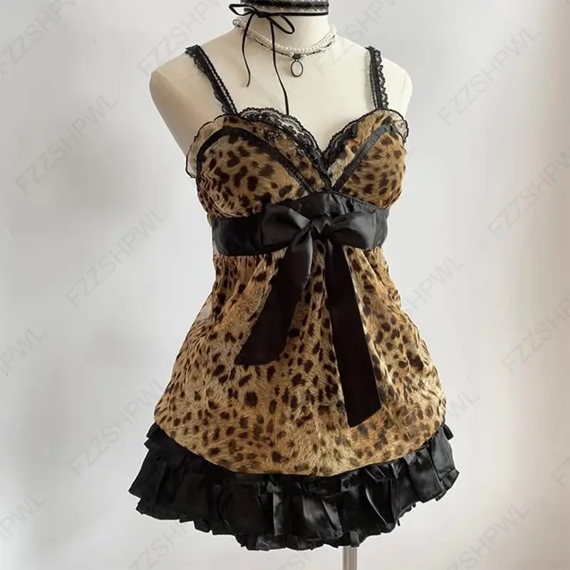 Y2K Harajuku Aesthetic Women's Leopard Camisole Top Sexy Slim Chic Solid Color Mini Skirts Grunge Punk Hip Hop Hottie Streetwear