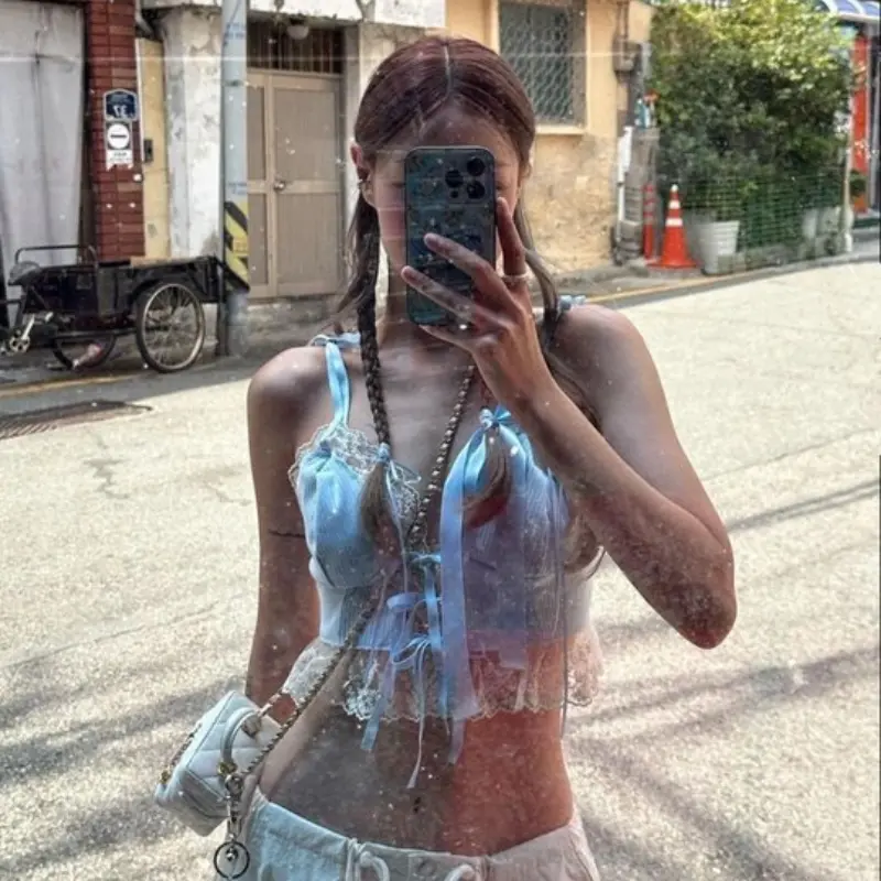 Summer bow tie lace stitching niche short style slim fit slimming spicy girl tank top Y2K Harajuku street style women's top