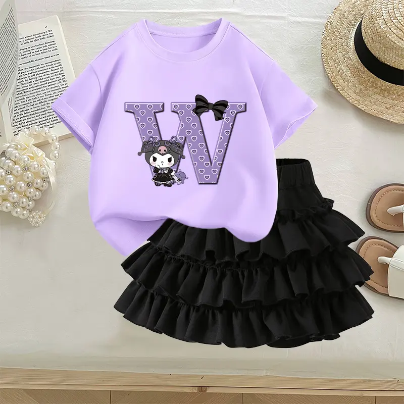Kuromi Girl Kawaii T-shirt+pleated Skirt Sanrio Cartoon Anime Figures Short Sleeve Pile Skirt Sweet Fashion Dress Princess Dress