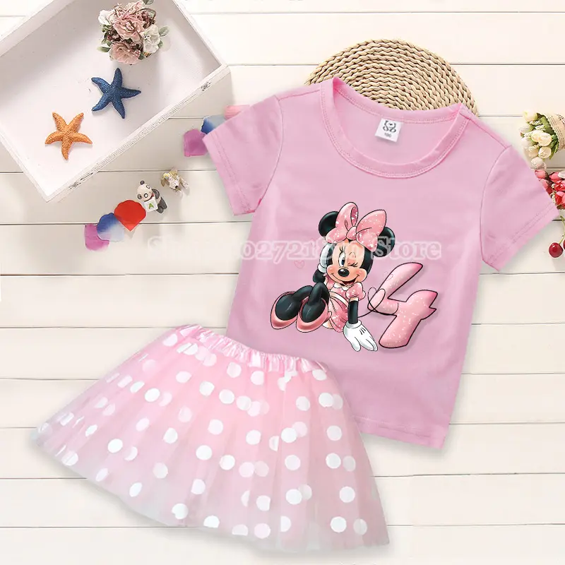 Mickey Minnie Mouse Kids T-shirt Birthday Dress Cartoon Summer Fashion Sets Polka Dot Print Round Neck Pink Clothing Girls Gift