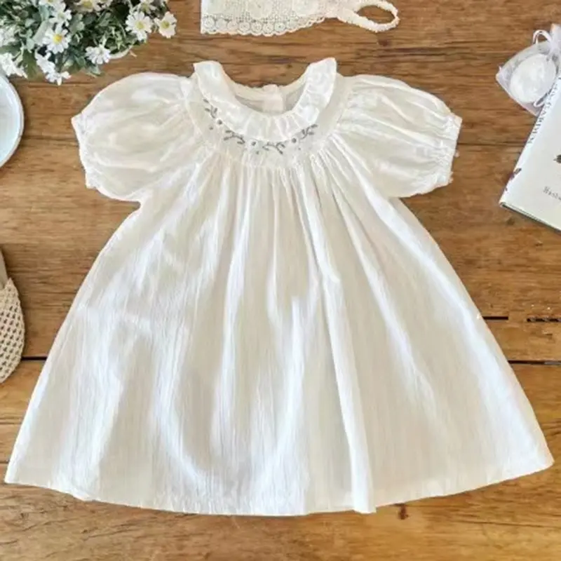 Sister Matching Outfit Baby Girls Clothes Short Sleeve Doll Collar Flower Embroidery Girl Dress and Baby Romper Princess Dresses