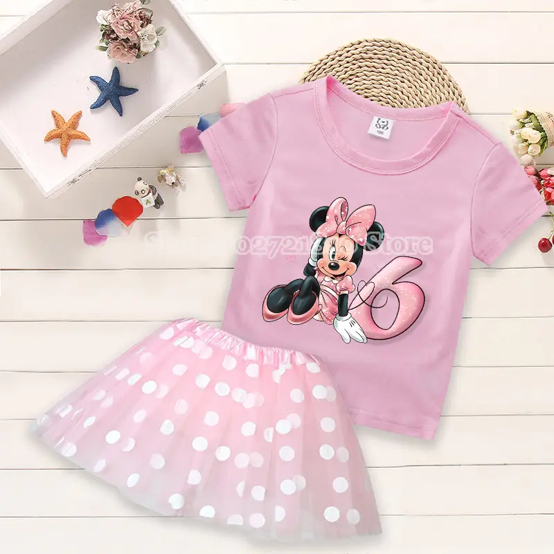 Mickey Minnie Mouse Kids T-shirt Birthday Dress Cartoon Summer Fashion Sets Polka Dot Print Round Neck Pink Clothing Girls Gift