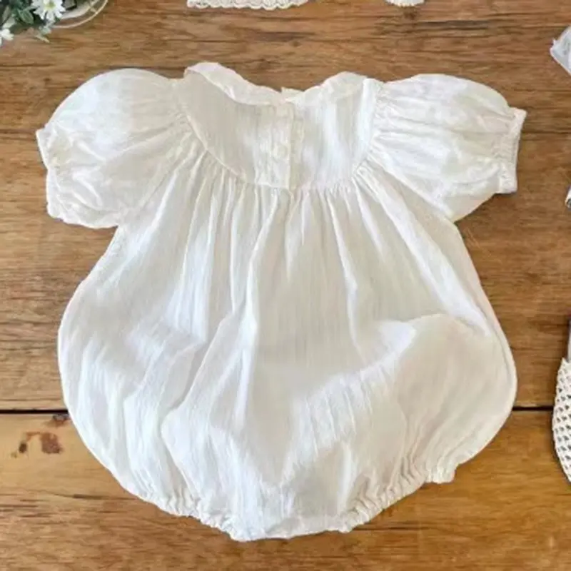 Sister Matching Outfit Baby Girls Clothes Short Sleeve Doll Collar Flower Embroidery Girl Dress and Baby Romper Princess Dresses