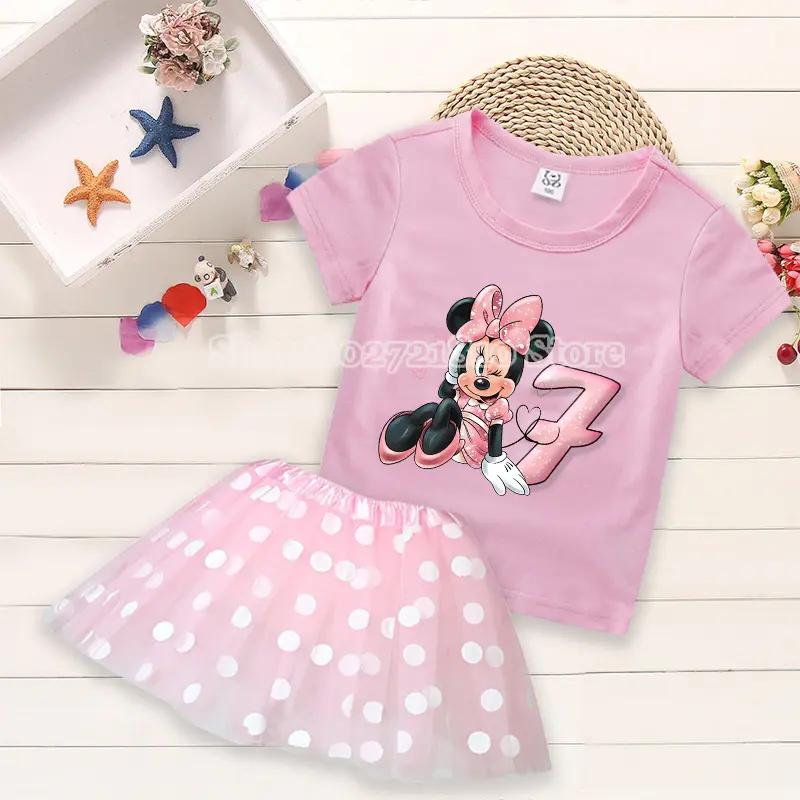 Mickey Minnie Mouse Kids T-shirt Birthday Dress Cartoon Summer Fashion Sets Polka Dot Print Round Neck Pink Clothing Girls Gift