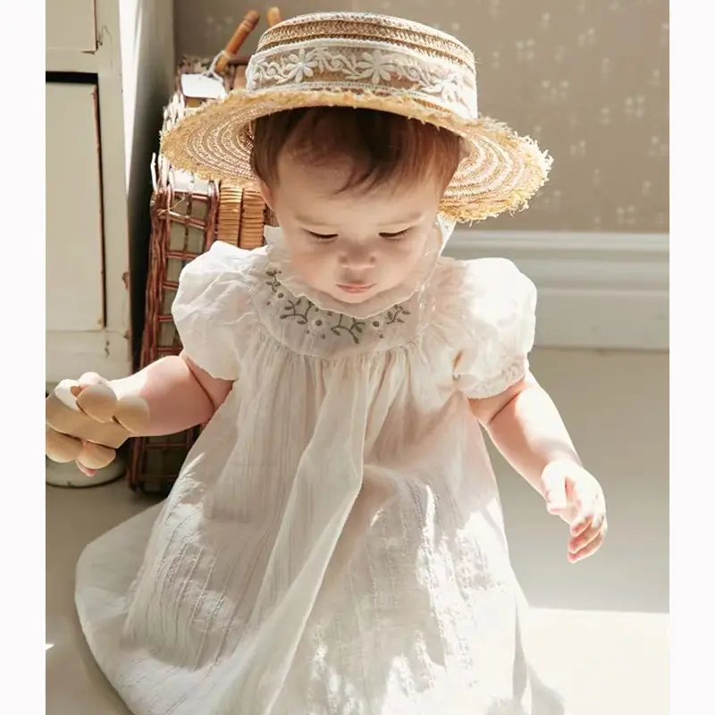Sister Matching Outfit Baby Girls Clothes Short Sleeve Doll Collar Flower Embroidery Girl Dress and Baby Romper Princess Dresses
