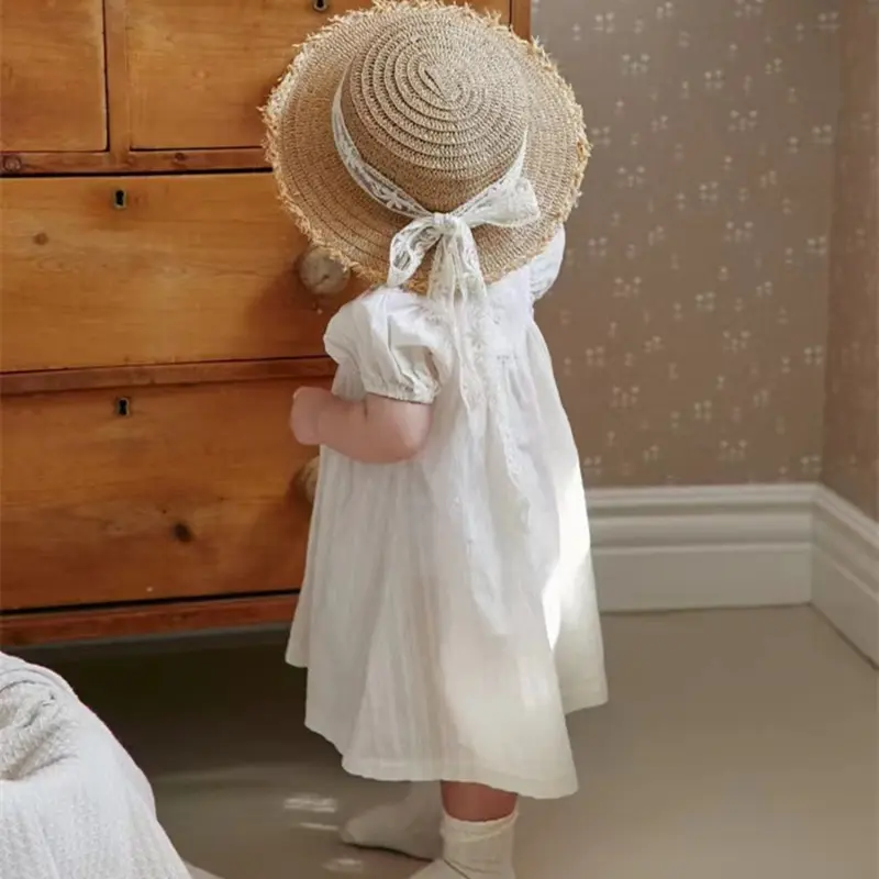 Sister Matching Outfit Baby Girls Clothes Short Sleeve Doll Collar Flower Embroidery Girl Dress and Baby Romper Princess Dresses