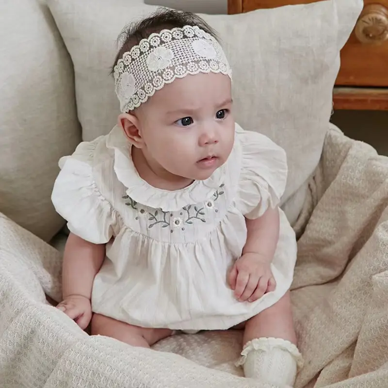 Sister Matching Outfit Baby Girls Clothes Short Sleeve Doll Collar Flower Embroidery Girl Dress and Baby Romper Princess Dresses