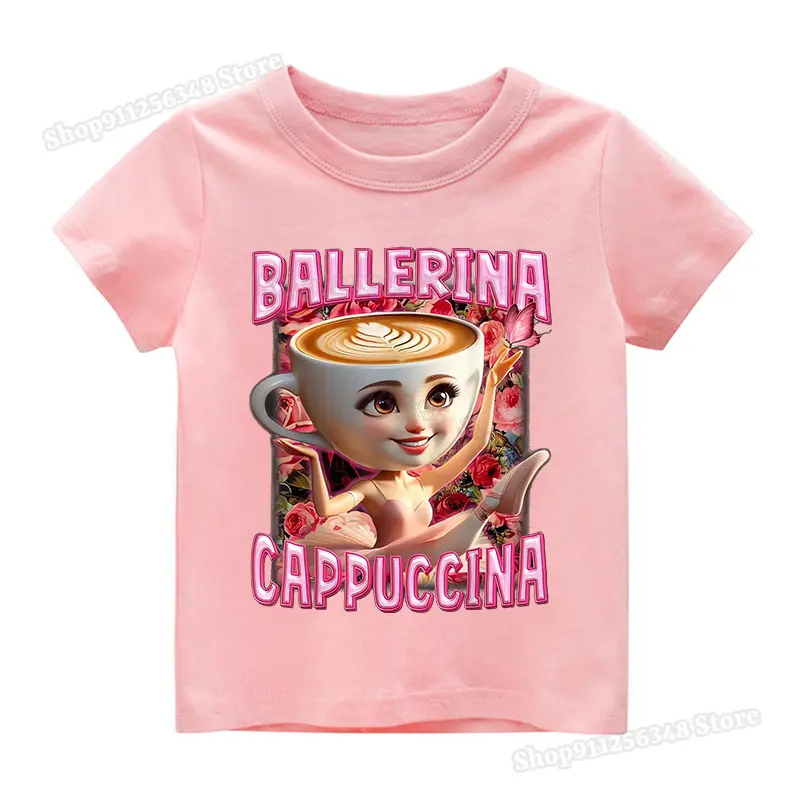Italian Brainrot Cute Meme T-shirt for Girls Clothes Ballerina Cappuccino Print Tee Tops Pink Summer Cotton Outfits Streetwear