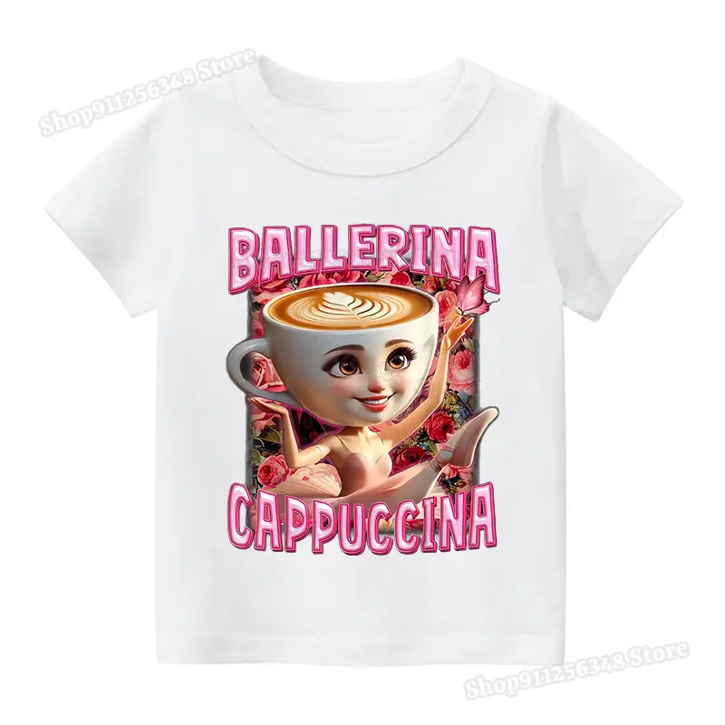 Italian Brainrot Cute Meme T-shirt for Girls Clothes Ballerina Cappuccino Print Tee Tops Pink Summer Cotton Outfits Streetwear