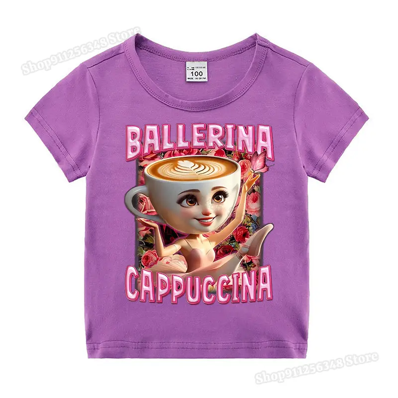 Italian Brainrot Cute Meme T-shirt for Girls Clothes Ballerina Cappuccino Print Tee Tops Pink Summer Cotton Outfits Streetwear