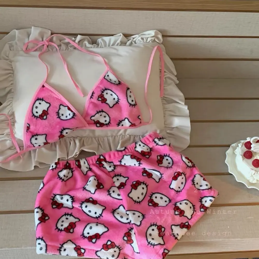 Hello Kitty ladies Pajama Two Piece Sanrio Anime Kawaii Women Home Underwear Cute Summer Beachwear Bra Shorts Girl Bikini