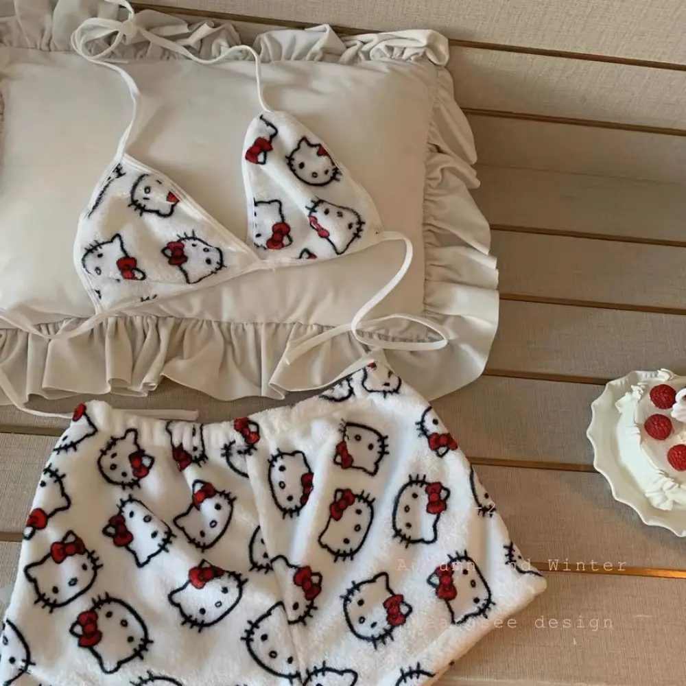 Hello Kitty ladies Pajama Two Piece Sanrio Anime Kawaii Women Home Underwear Cute Summer Beachwear Bra Shorts Girl Bikini