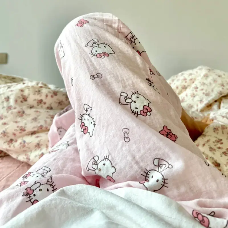 Sanrio Hello Kitty Pure Cotton Pajama Pants Wide Kawaii Kitty Leg Pants Summer Thin High Waist Casual Trousers gIRL Gifts