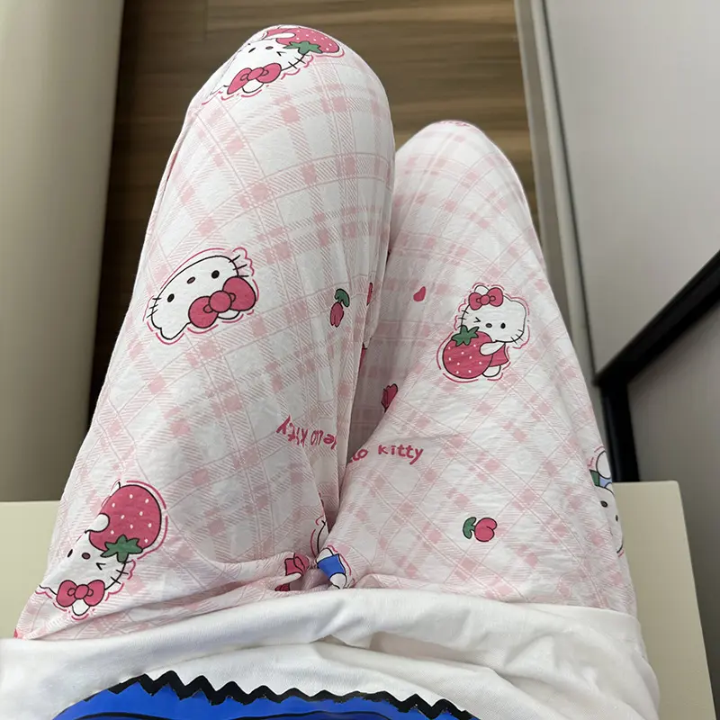 Sanrio Hello Kitty Pure Cotton Pajama Pants Wide Kawaii Kitty Leg Pants Summer Thin High Waist Casual Trousers gIRL Gifts