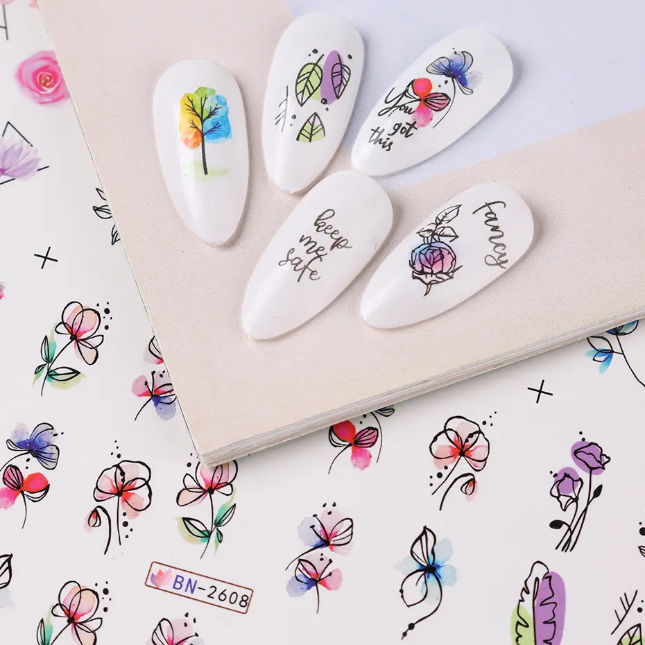 12 PCs Ink Flowers Nail Art Sticker Summer Water Decal Blooming Flowers Leaves Graffiti Slider Nail Decoration Foils Tattoo