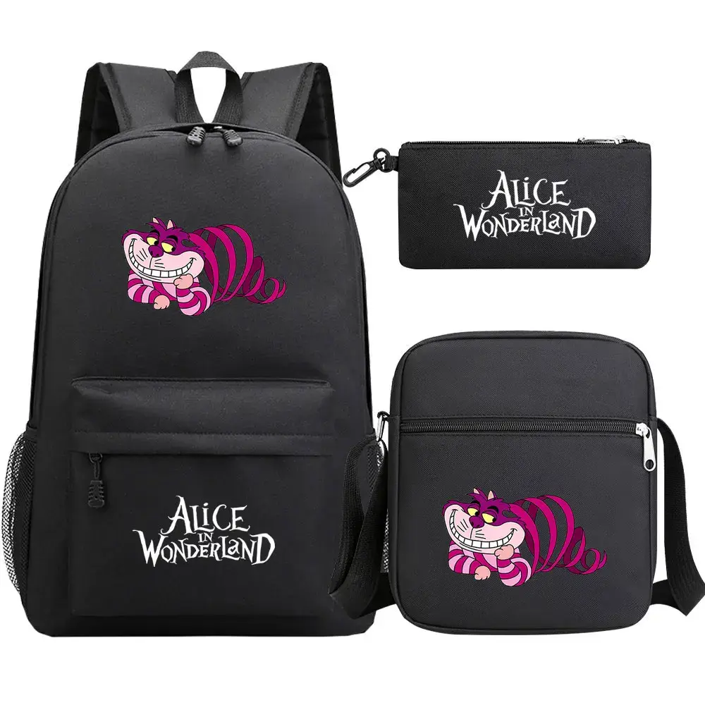 Kawaii Alice In Wonderland 3Pcs Boy Girl Kids School Book Bags Travel Backpack Shoulder Bag Pen Bag For Men Women