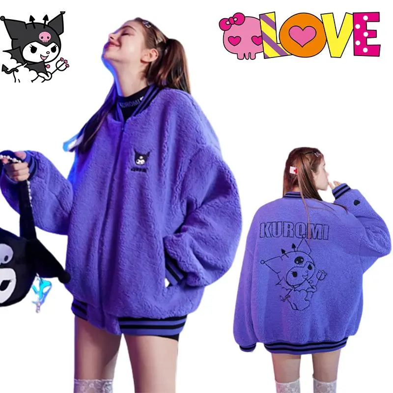 Anime Kuromi Women Baseball Coat Lamb Wool Sanrioed Kawaii Winter Cartoon Plush Cotton Thicken Jacket Girl Student Casual Tops