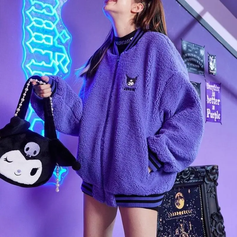 Anime Kuromi Women Baseball Coat Lamb Wool Sanrioed Kawaii Winter Cartoon Plush Cotton Thicken Jacket Girl Student Casual Tops