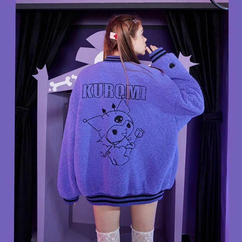 Anime Kuromi Women Baseball Coat Lamb Wool Sanrioed Kawaii Winter Cartoon Plush Cotton Thicken Jacket Girl Student Casual Tops