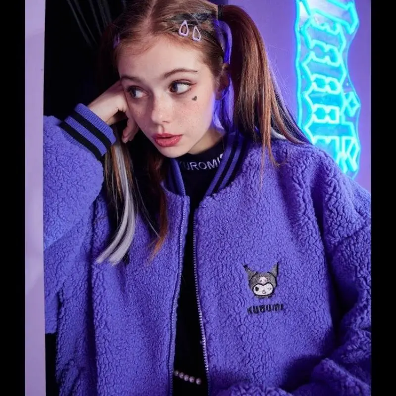 Anime Kuromi Women Baseball Coat Lamb Wool Sanrioed Kawaii Winter Cartoon Plush Cotton Thicken Jacket Girl Student Casual Tops