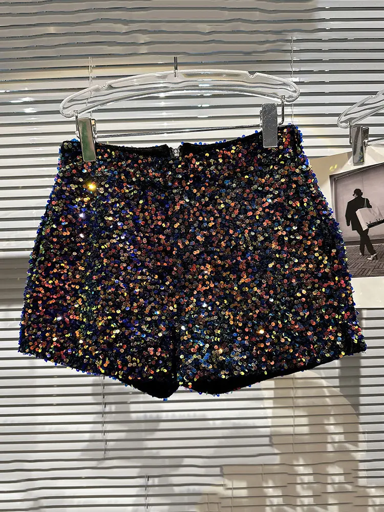 DEAT Fashion Trendy Women's Colorful Sequins Shorts 2025 Spring New Collection High Waist Zipper Short Pants Female 11XX8816