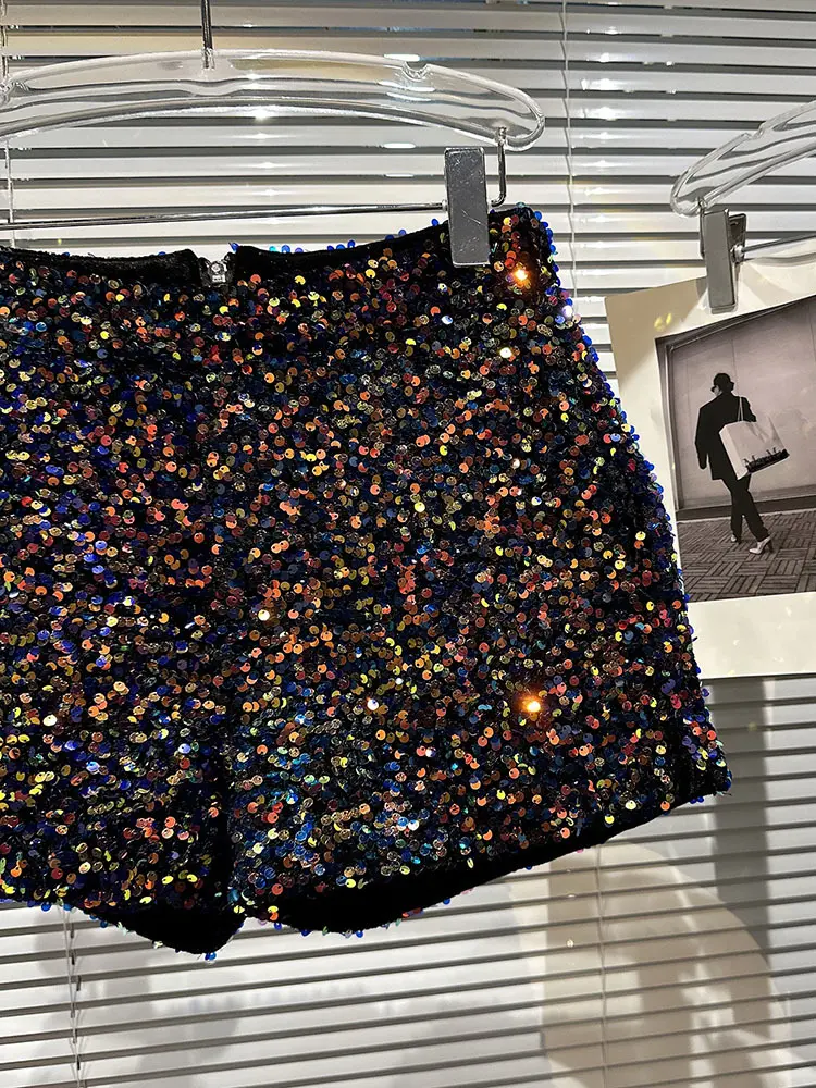 DEAT Fashion Trendy Women's Colorful Sequins Shorts 2025 Spring New Collection High Waist Zipper Short Pants Female 11XX8816