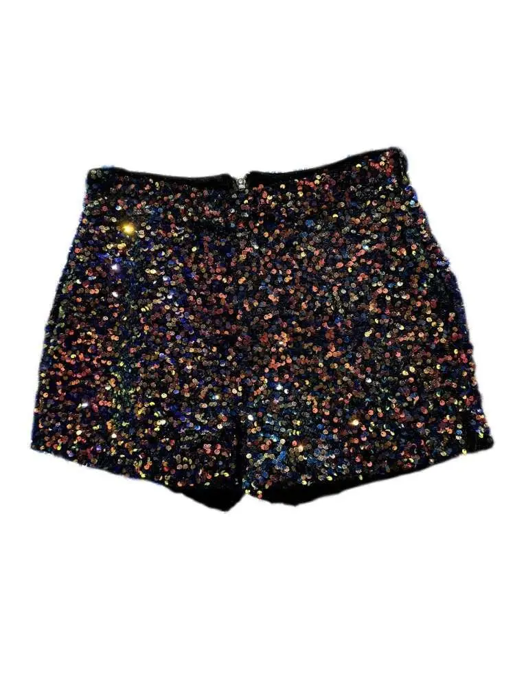 DEAT Fashion Trendy Women's Colorful Sequins Shorts 2025 Spring New Collection High Waist Zipper Short Pants Female 11XX8816
