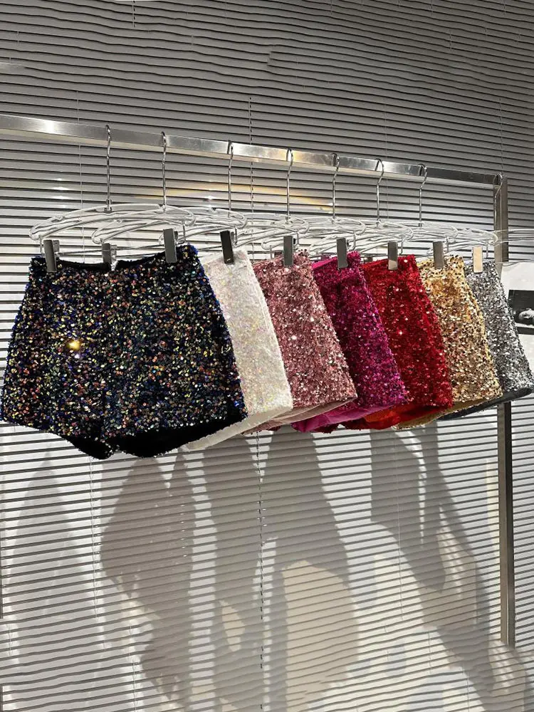 DEAT Fashion Trendy Women's Colorful Sequins Shorts 2025 Spring New Collection High Waist Zipper Short Pants Female 11XX8816