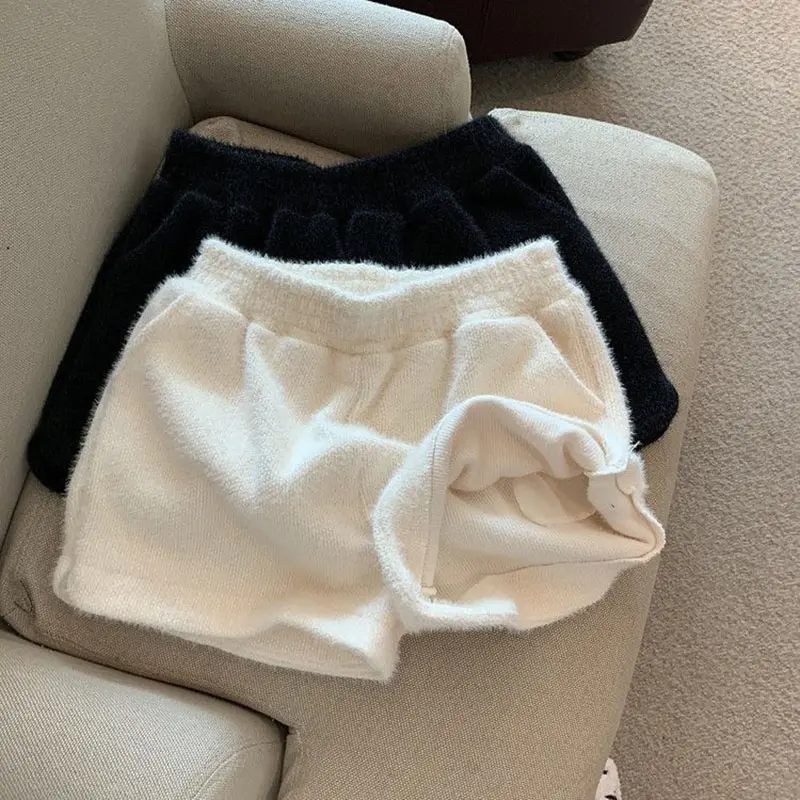 Xpqbb Autumn Winter Faux Mink Plush Shorts Women Korean Fashion Loose Wide Leg Short Pants Ladies Solid High Waist Casual Shorts