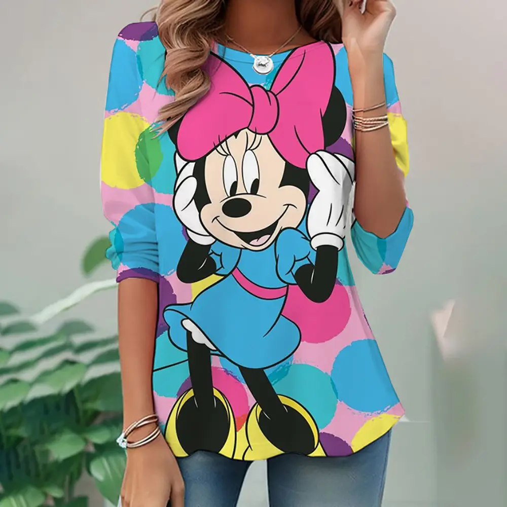 New Large Women's Long Sleeve Round Neck Waist Top T-shirt Disney Mickey Mouse Loose Casual Fashion Loose Women's Shirt Y2K