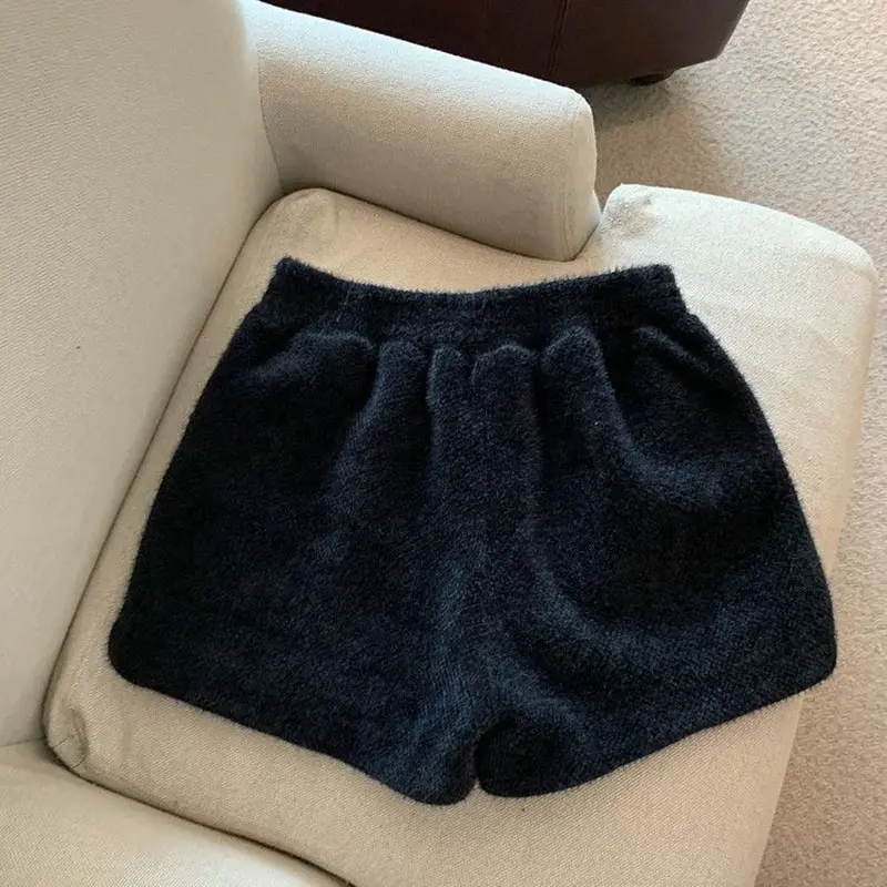 Xpqbb Autumn Winter Faux Mink Plush Shorts Women Korean Fashion Loose Wide Leg Short Pants Ladies Solid High Waist Casual Shorts