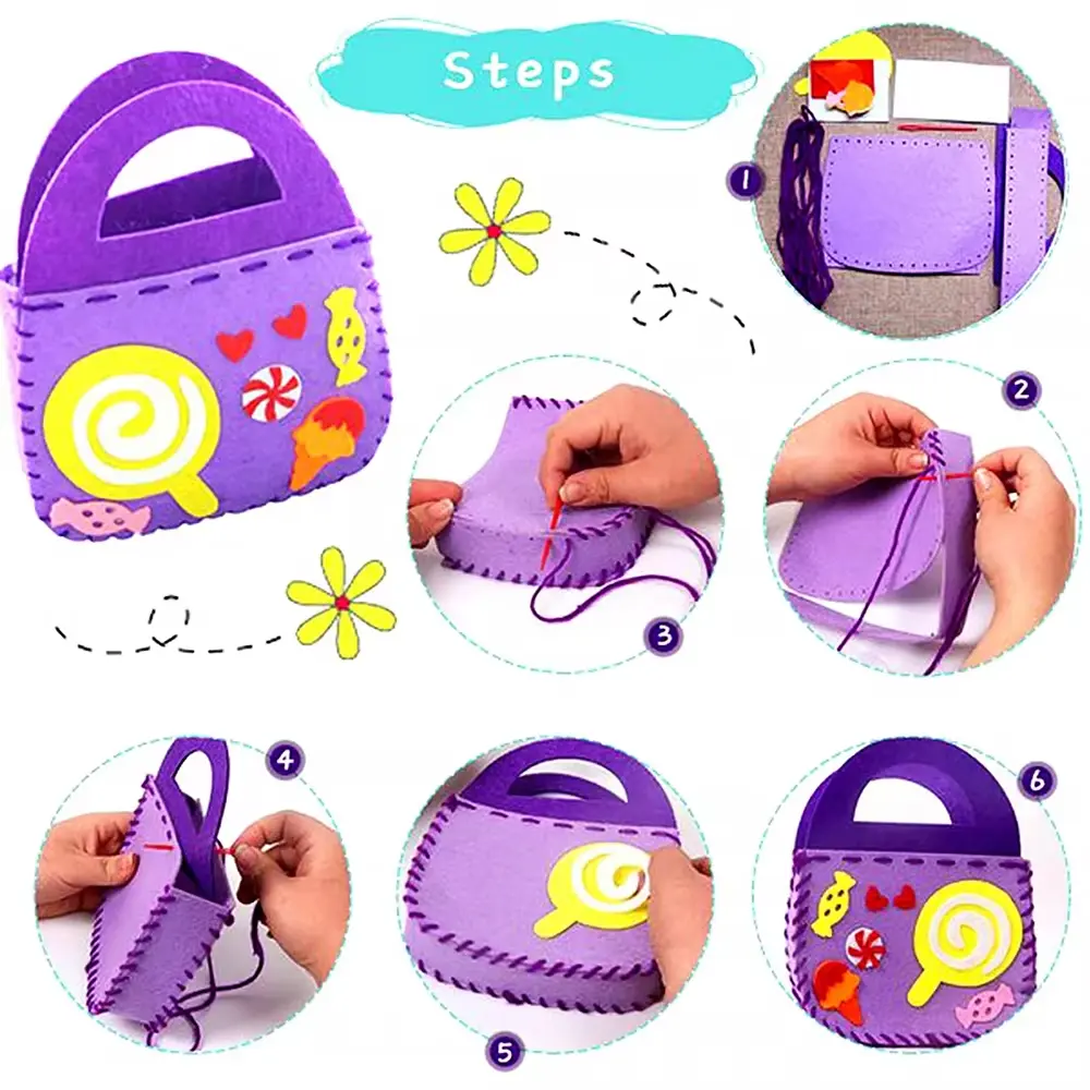 8Pcs Colorful Nonwovens Handbags Sewing Kit DIY Felt Sewing Kits Craft Felt with Safety Needle for Boys Girls Beginners