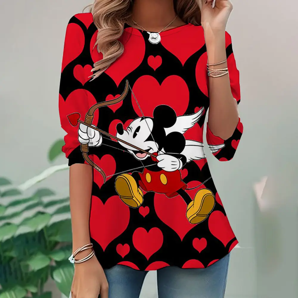 New Large Women's Long Sleeve Round Neck Waist Top T-shirt Disney Mickey Mouse Loose Casual Fashion Loose Women's Shirt Y2K