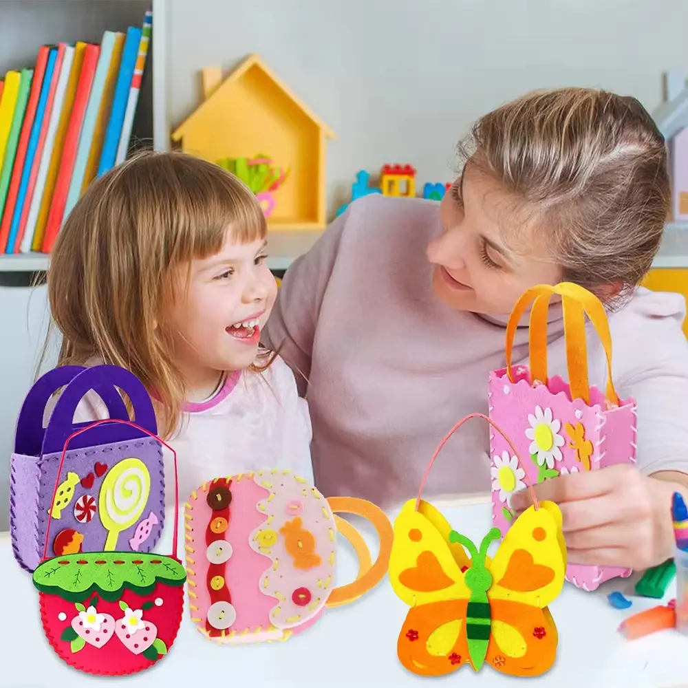 8Pcs Colorful Nonwovens Handbags Sewing Kit DIY Felt Sewing Kits Craft Felt with Safety Needle for Boys Girls Beginners