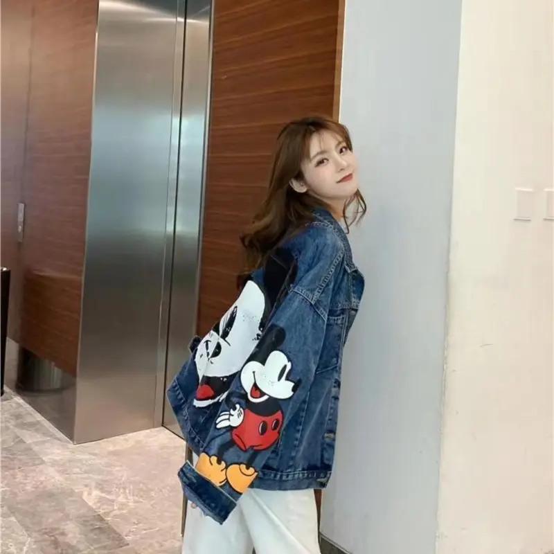 Cartoon Clothing Mickey Printed Denim Jacket Women's Spring And Autumn Loose Preppy Style Large Size Jacket Cartoon Casual Tops