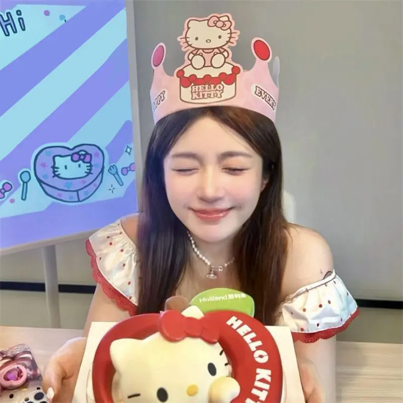 Sanrio Hello Kitty  Birthday Party Hat Cartoon Girl Cute Happy Birthday Kids Adult Party Hats Party Decorations Crown Supplies