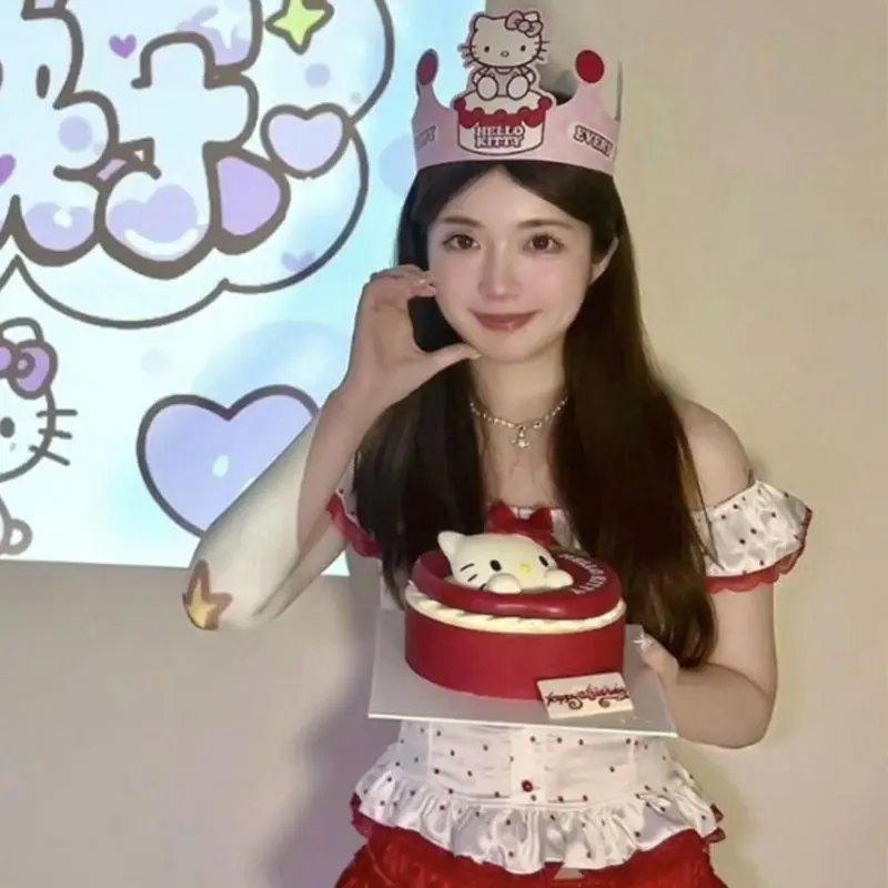Sanrio Hello Kitty  Birthday Party Hat Cartoon Girl Cute Happy Birthday Kids Adult Party Hats Party Decorations Crown Supplies
